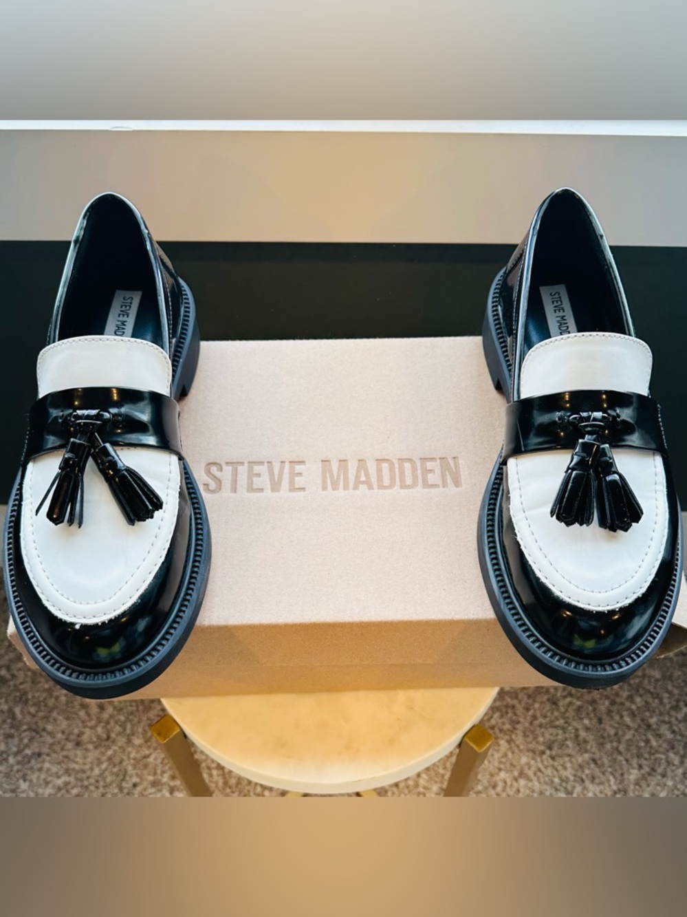 Steve Madden Black and White Tassel Penny Loafers